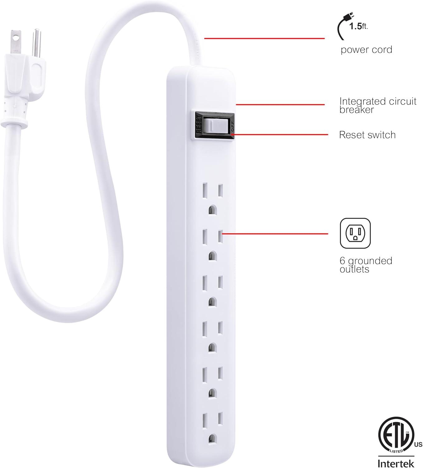 General Electric 6-Outlet Power Strip, 2Feet, White, 2 Pack – 14833