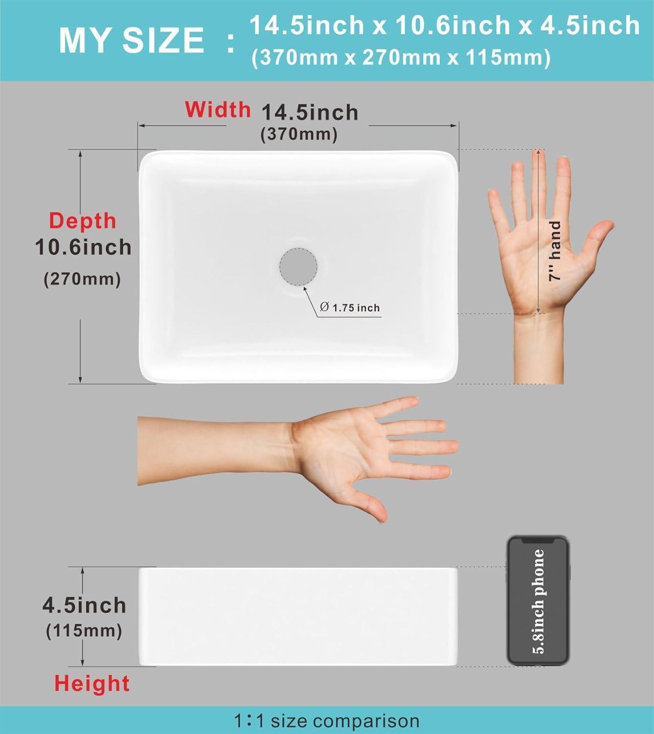 J-FAMILY 14.5'' x 10.6'' Bathroom Small Vessel Sink Above Counter White Porcelain Ceramic Sink Bowl Vanity Sink Lavatory Rectangular Wash Hand Basin