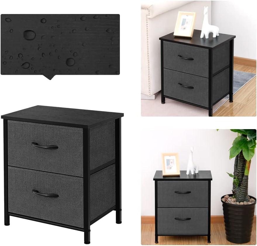 TCT Storage Dresser End/Side Table Night Stand Furniture Unit - Small Standing Organizer for Bedroom, Office, Living Room, and Closet - 2 Drawer Removable Fabric Bins - Dark Grey