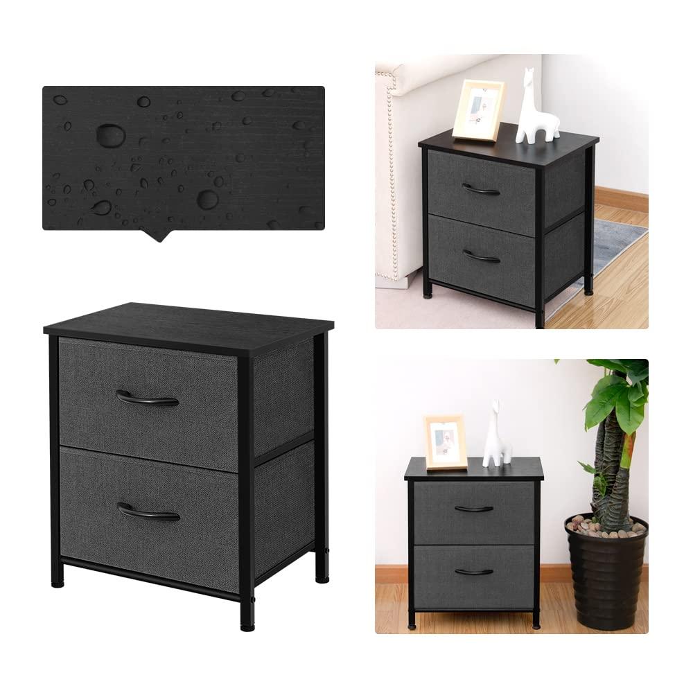 TCT Storage Dresser End/Side Table Night Stand Furniture Unit - Small Standing Organizer for Bedroom, Office, Living Room, and Closet - 2 Drawer Removable Fabric Bins - Dark Grey