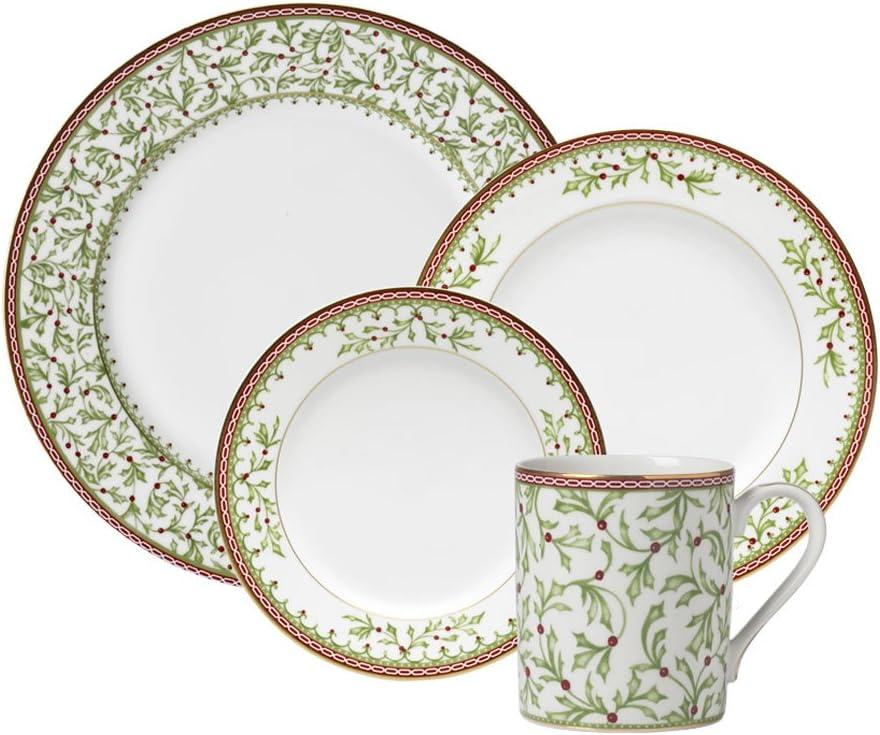 Holiday Traditions Porcelain Dinnerware Set with Holly Motif, Service for 4