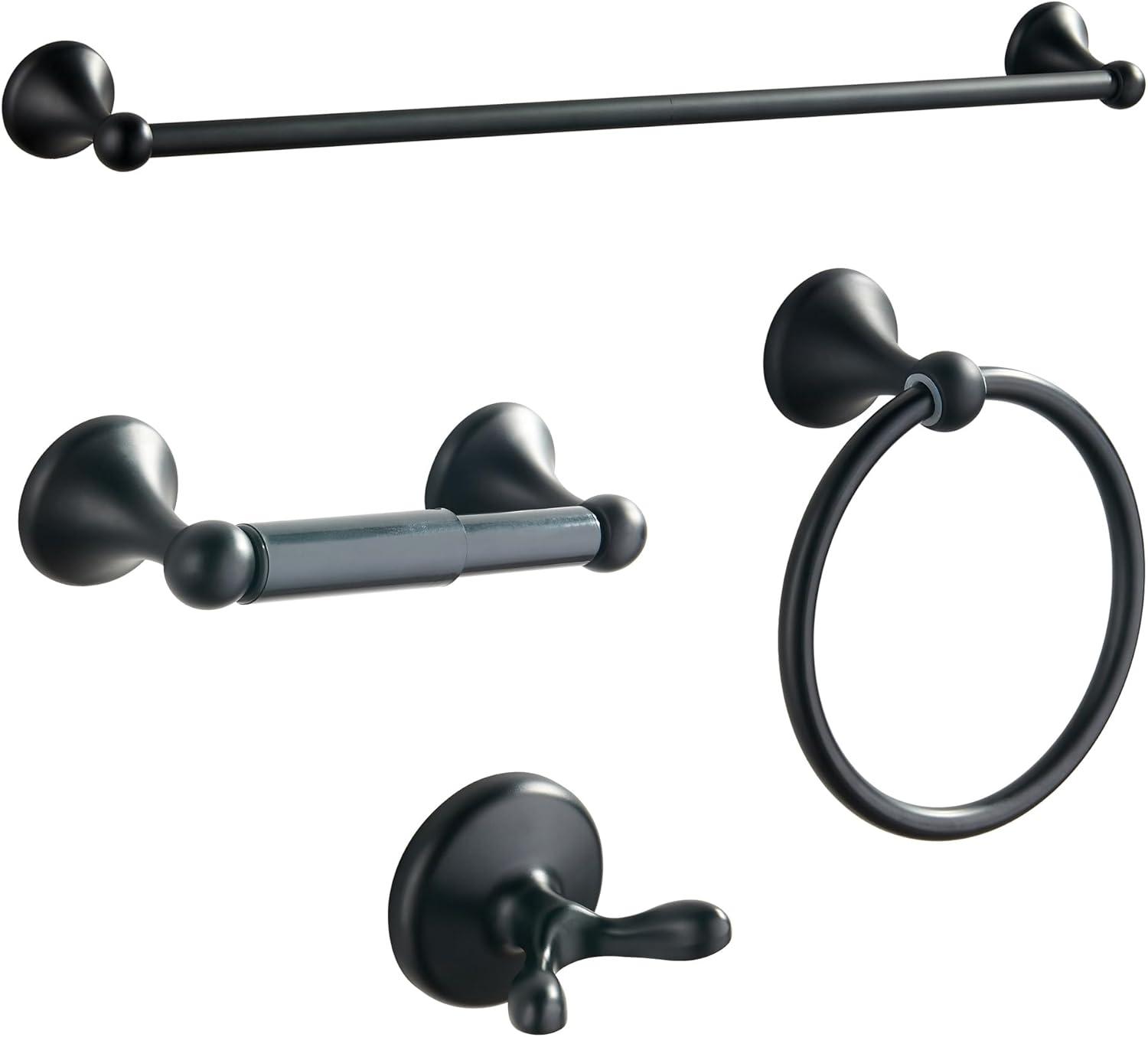 BGL Bathroom Hardware Set Matte Black Adjustable Expandable Towel Bar 4-Piece Bathroom Accessory Set Wall Mounted Robe Hook Toilet Paper Holder Towel Ring Towel Bar