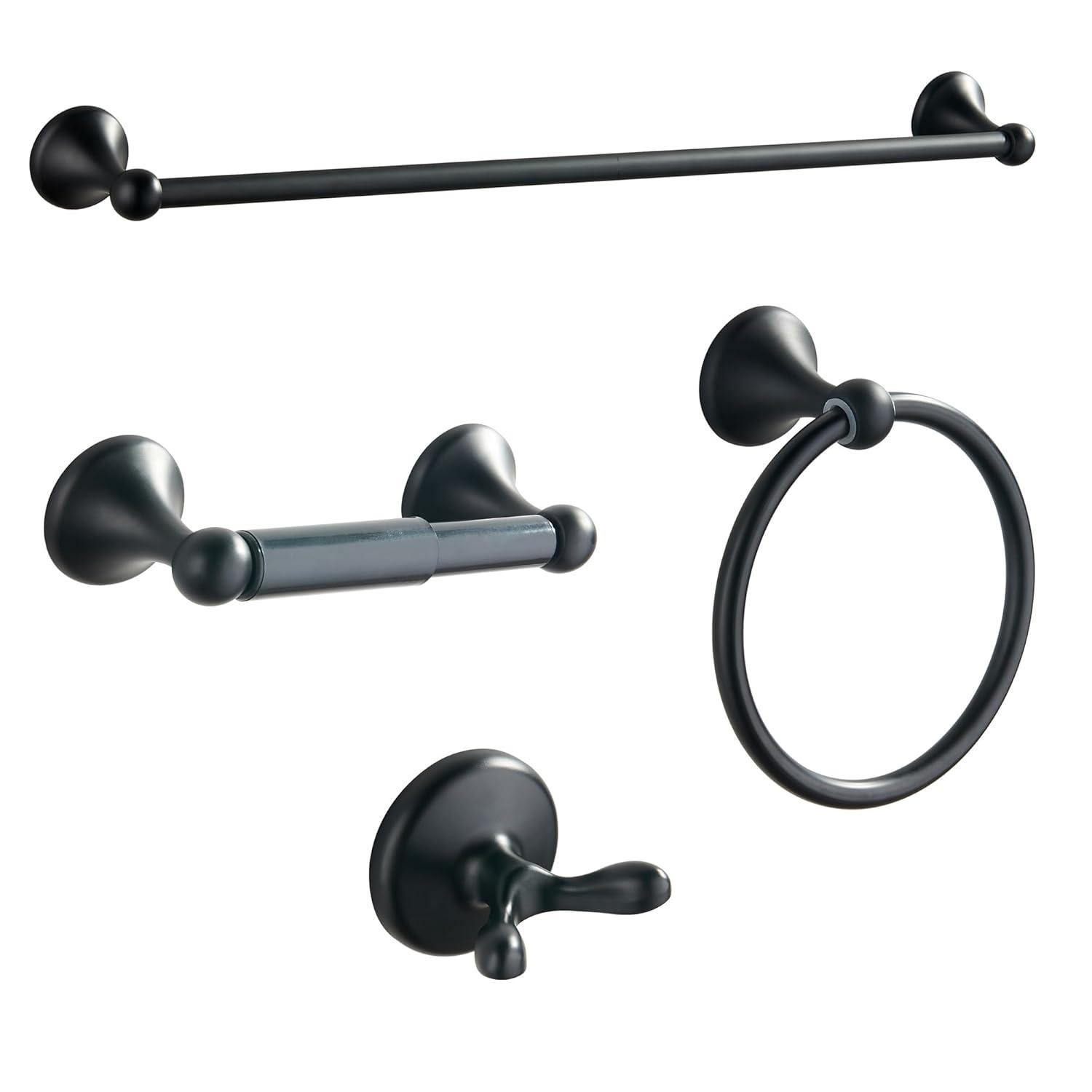 BGL Bathroom Hardware Set Matte Black Adjustable Expandable Towel Bar 4-Piece Bathroom Accessory Set Wall Mounted Robe Hook Toilet Paper Holder Towel Ring Towel Bar