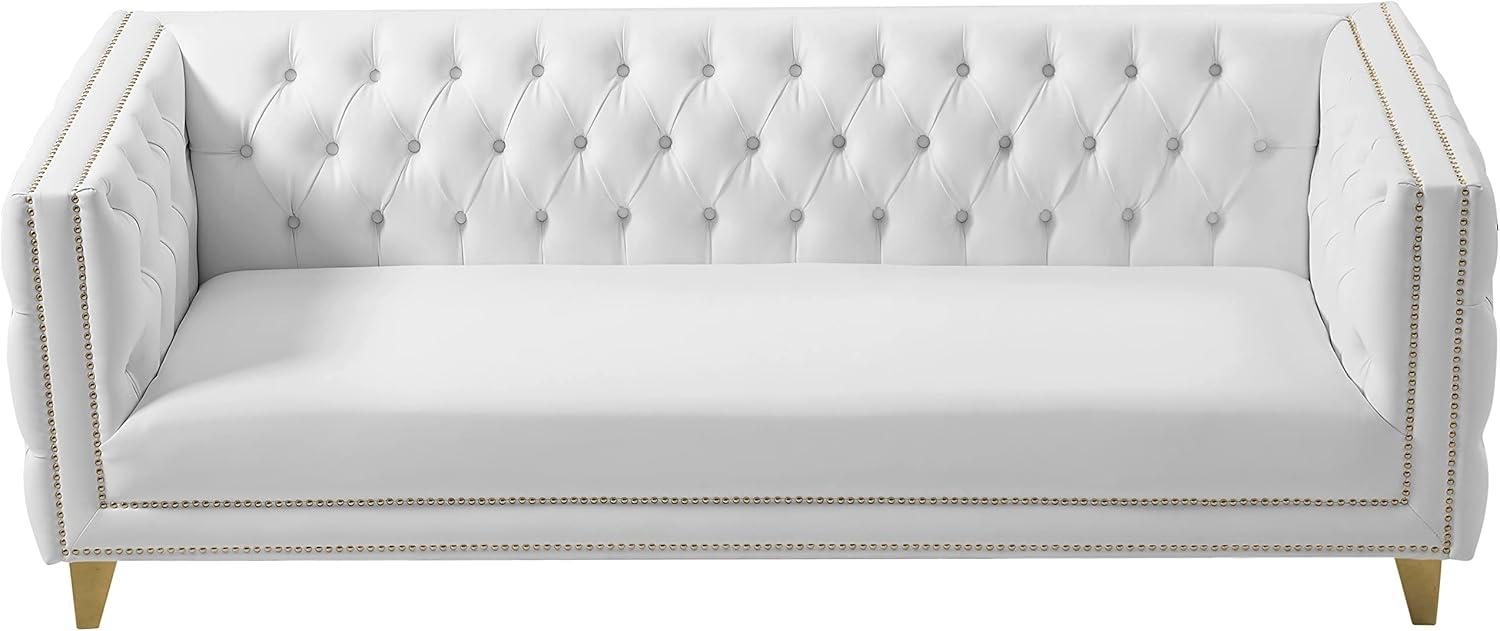 Michelle 90'' White Faux Leather Tufted Sofa with Gold Nailhead Trim