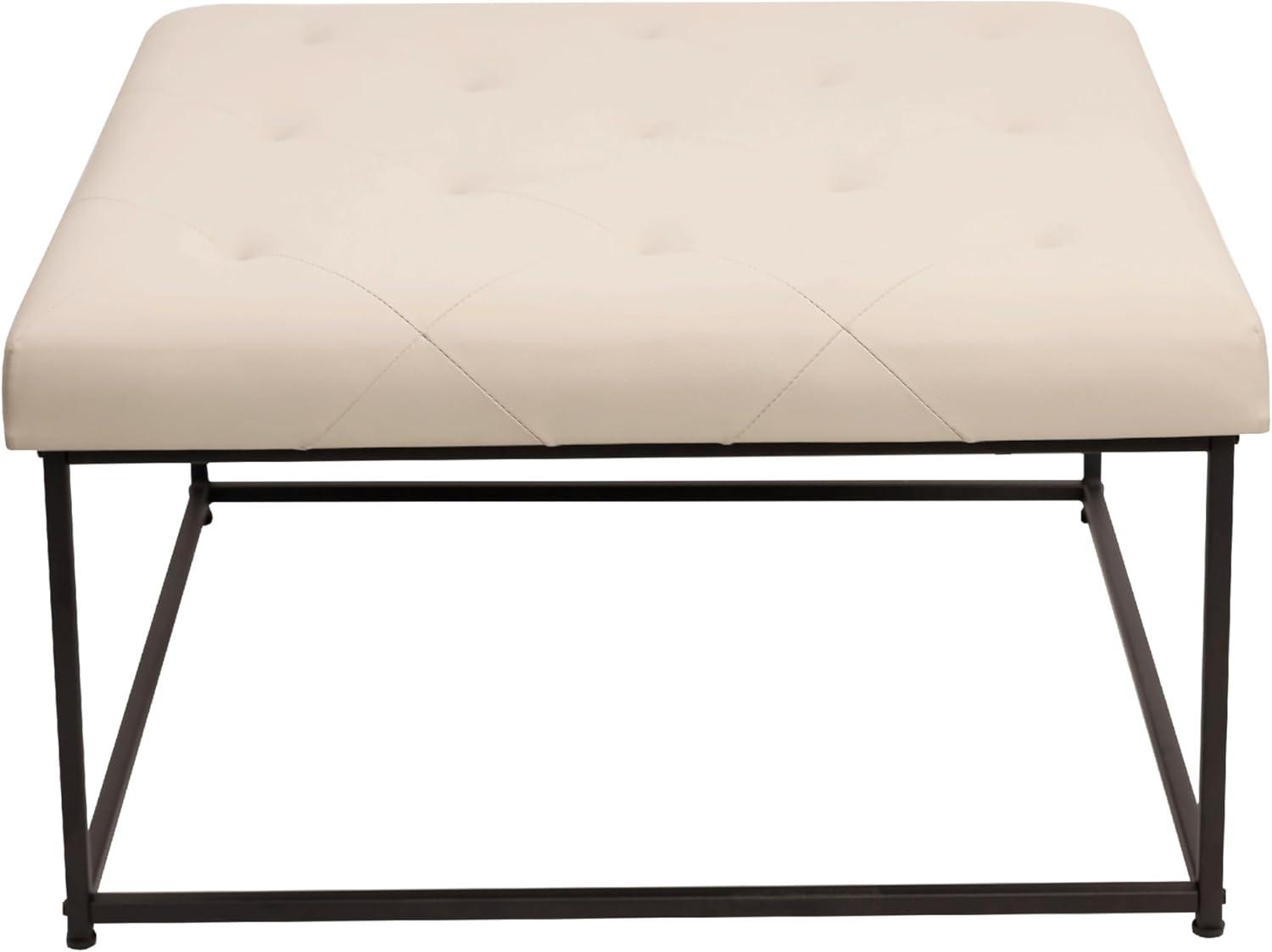 Flash Furniture Ashton 30" Square LeatherSoft Tufted Ottoman with Metal Frame, Beige LeatherSoft/Black Frame
