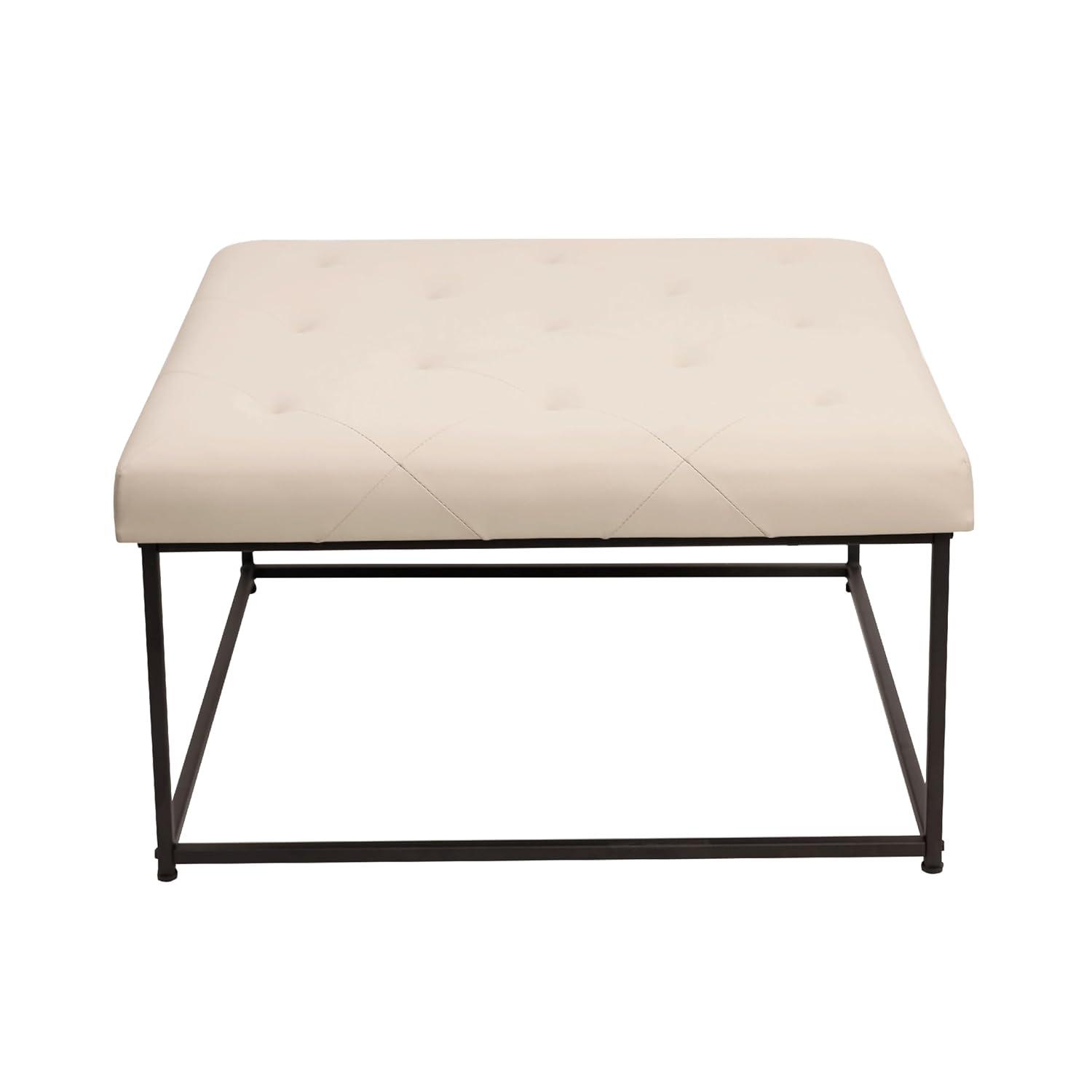 Flash Furniture Ashton 30" Square LeatherSoft Tufted Ottoman with Metal Frame, Beige LeatherSoft/Black Frame