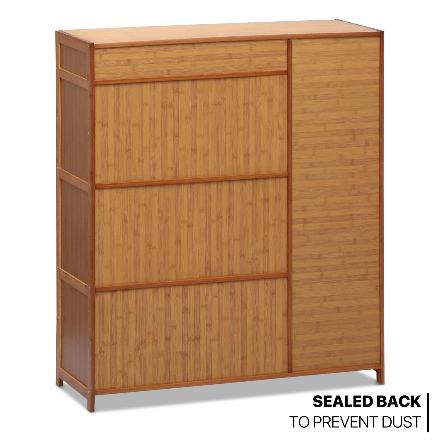 Magshion Bamboo 28 Pairs Shoe Cabinet, 6-Shelves Entryway Shoe Storage Cabinet with 4 Rattan Doors and 4 Compartments, Flip-Up Shoe Rack Organizer For Hallway, Brown