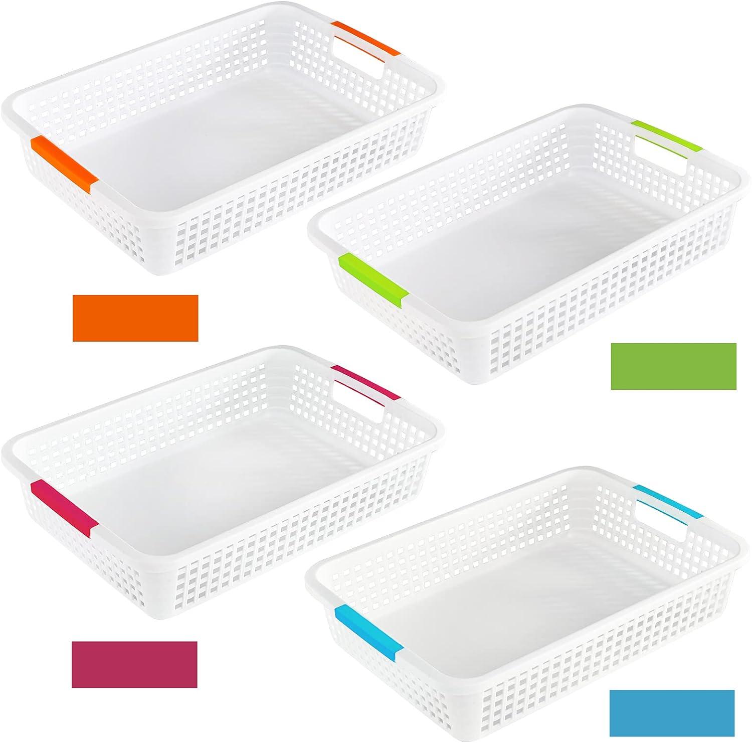 Set of 8 White Plastic Storage Baskets with Color Handles