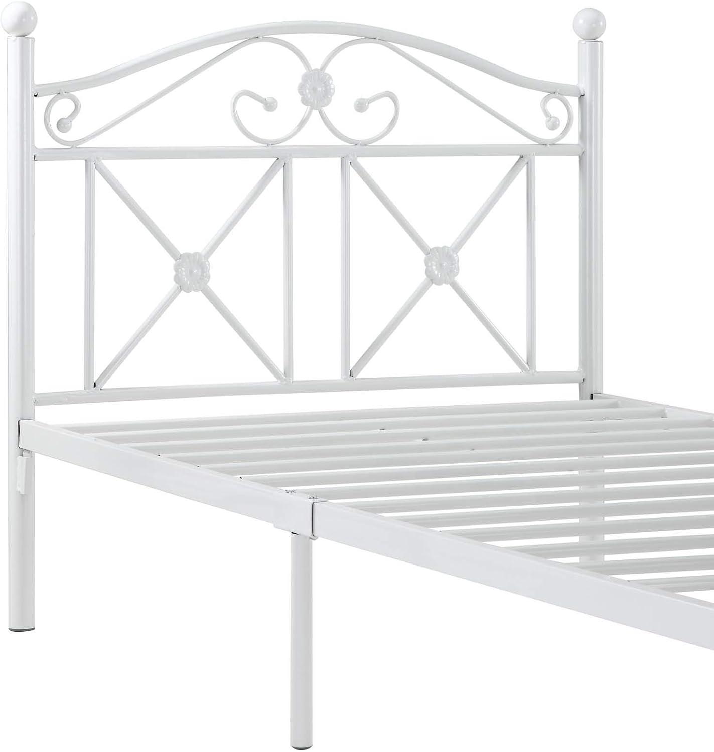 Serene White Metal Twin Bed with Latticework Headboard and Storage Drawer