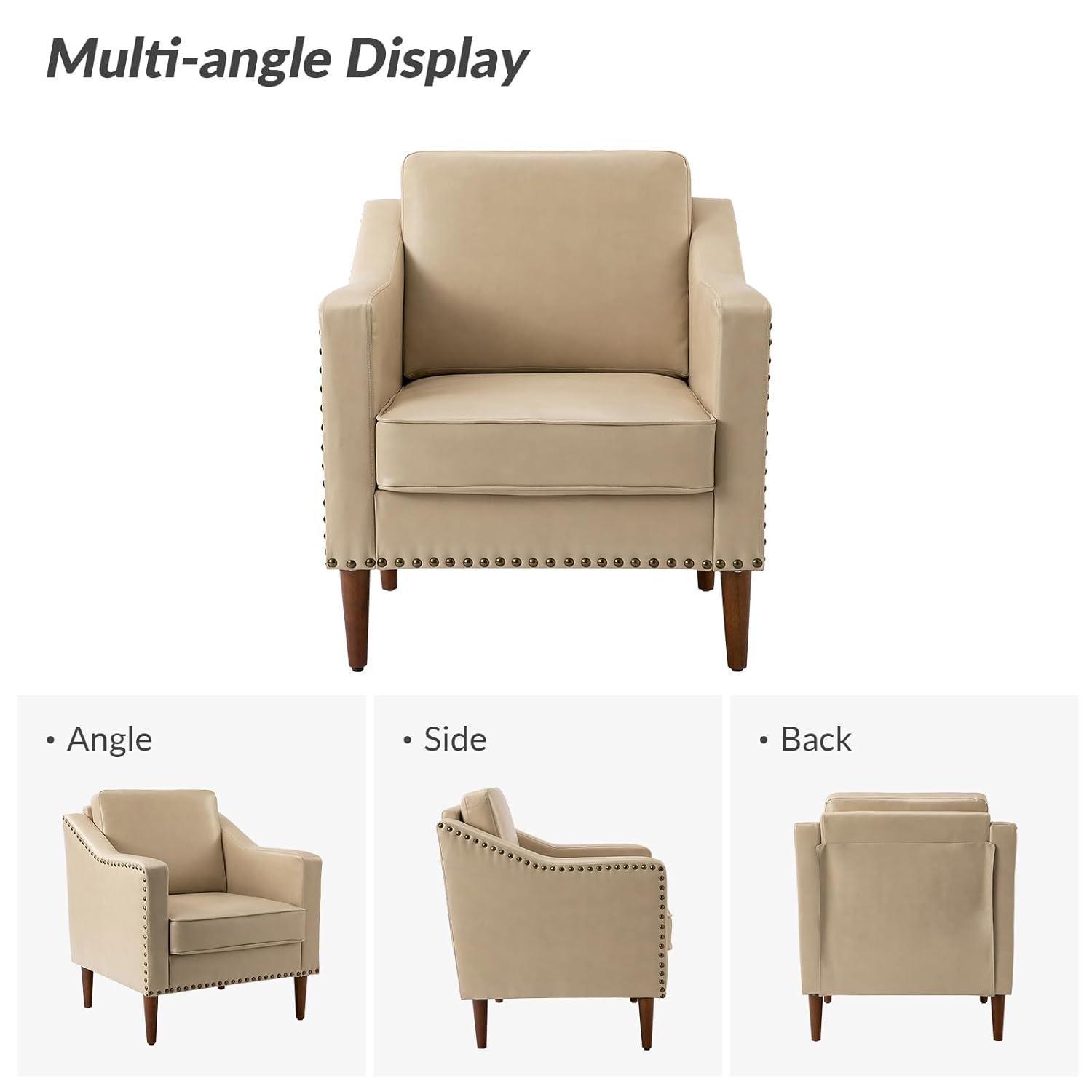 HULALA HOME Faux Leather Accent Armchairs Set of 2 with Back & Seat Cushions, Traditional Club Chairs with Nailhead Trim, Comfy Upholstered Sofa Chairs for Living Room Bedroom, Beige
