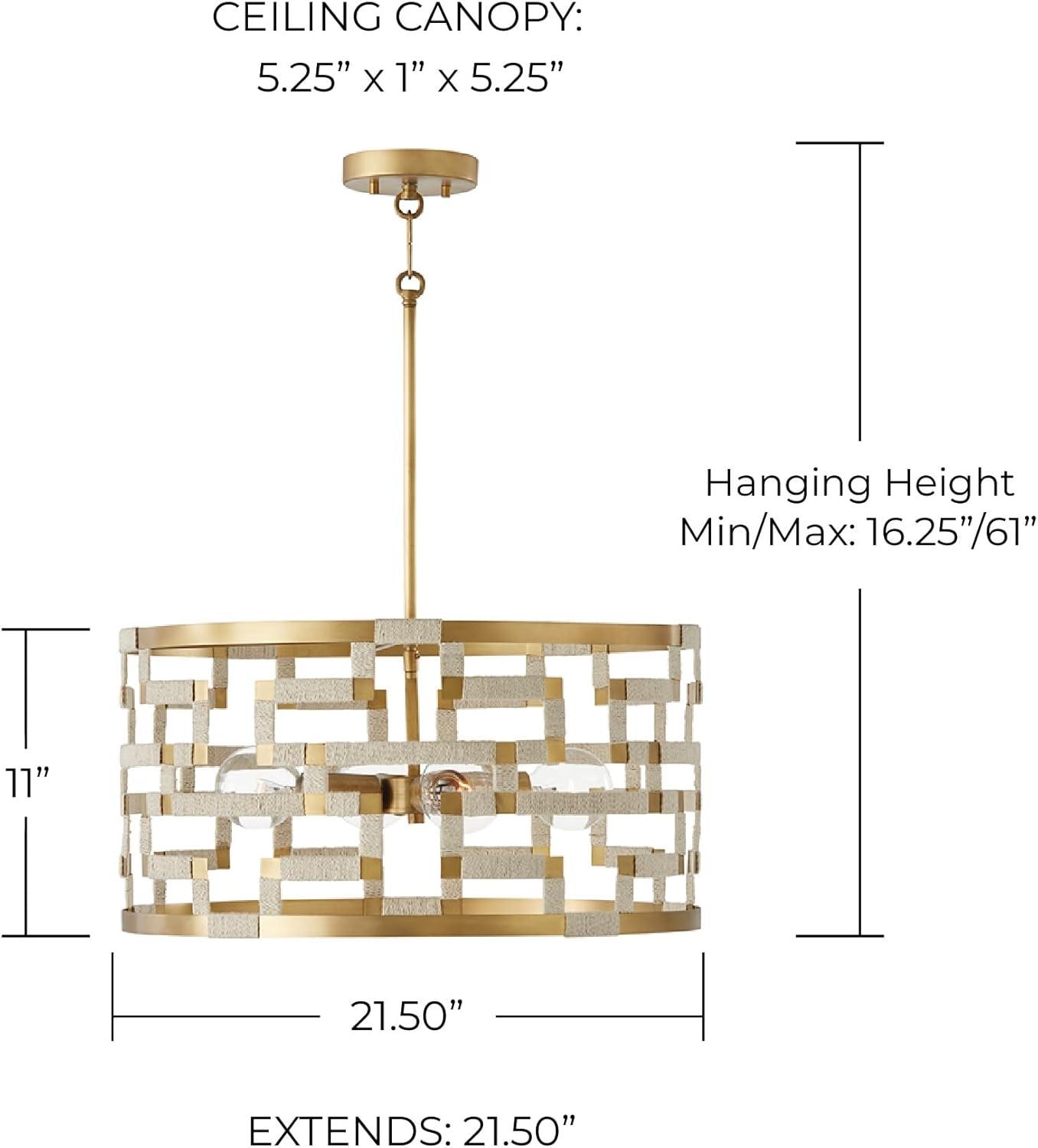 Bleached Natural Jute and Brass Drum Pendant Light