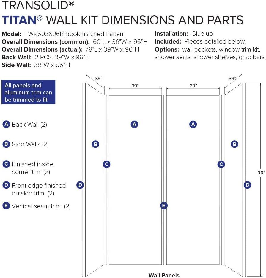 Titan 60" x 36" Black Glossy Marble Shower Wall Kit