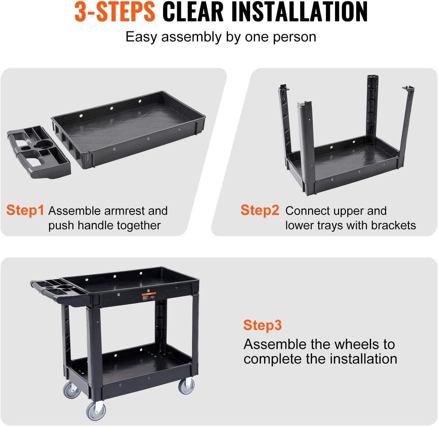 Black Heavy Duty 2-Shelf Rolling Utility Cart with Swivel Wheels