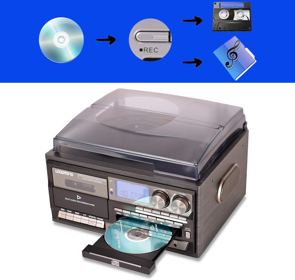 Record Player 9 in 1 3 Speed Bluetooth Vintage Turntable CD Cassette Vinyl Player AM/FM Radio USB/SD Encoding Aux-in RCA Line-Out (Silver)