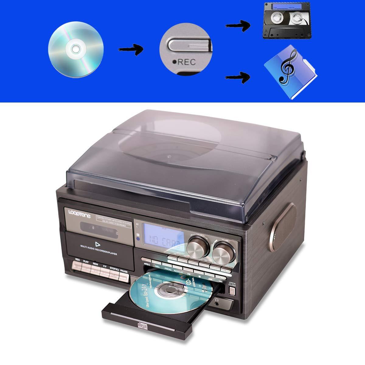 Record Player 9 in 1 3 Speed Bluetooth Vintage Turntable CD Cassette Vinyl Player AM/FM Radio USB/SD Encoding Aux-in RCA Line-Out (Silver)