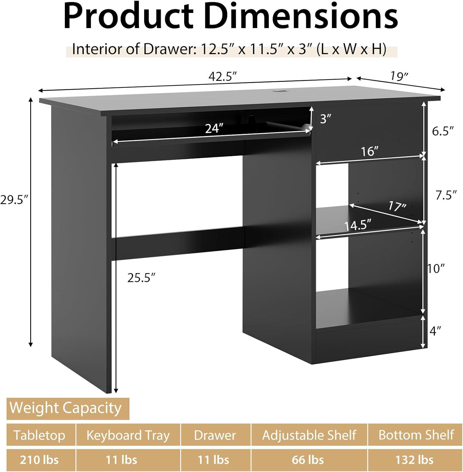 Tangkula Computer Desk w/ Keyboard Tray Large Drawer Home Office Desk w/ Adjustable Shelf & Cable Hole Study Desk