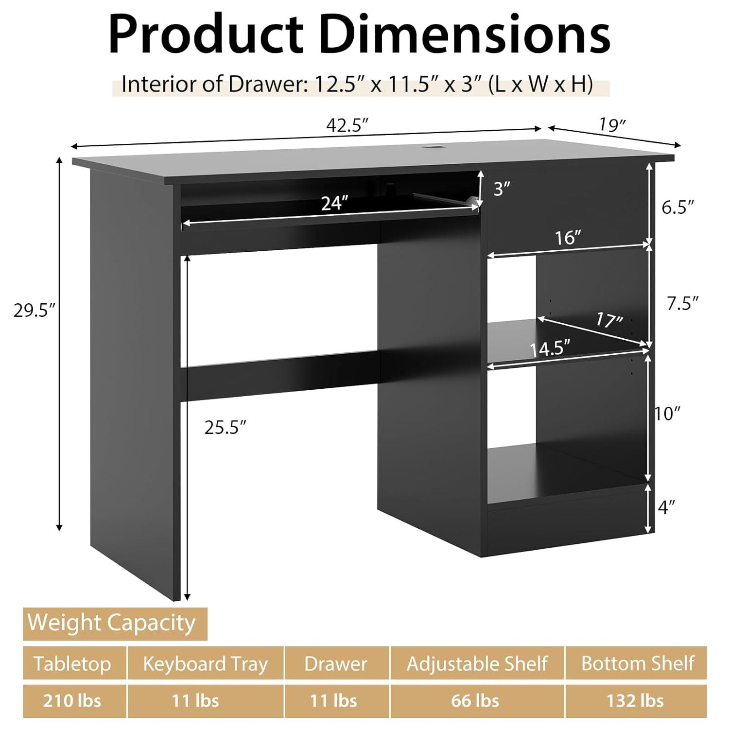 Tangkula Computer Desk w/ Keyboard Tray Large Drawer Home Office Desk w/ Adjustable Shelf & Cable Hole Study Desk