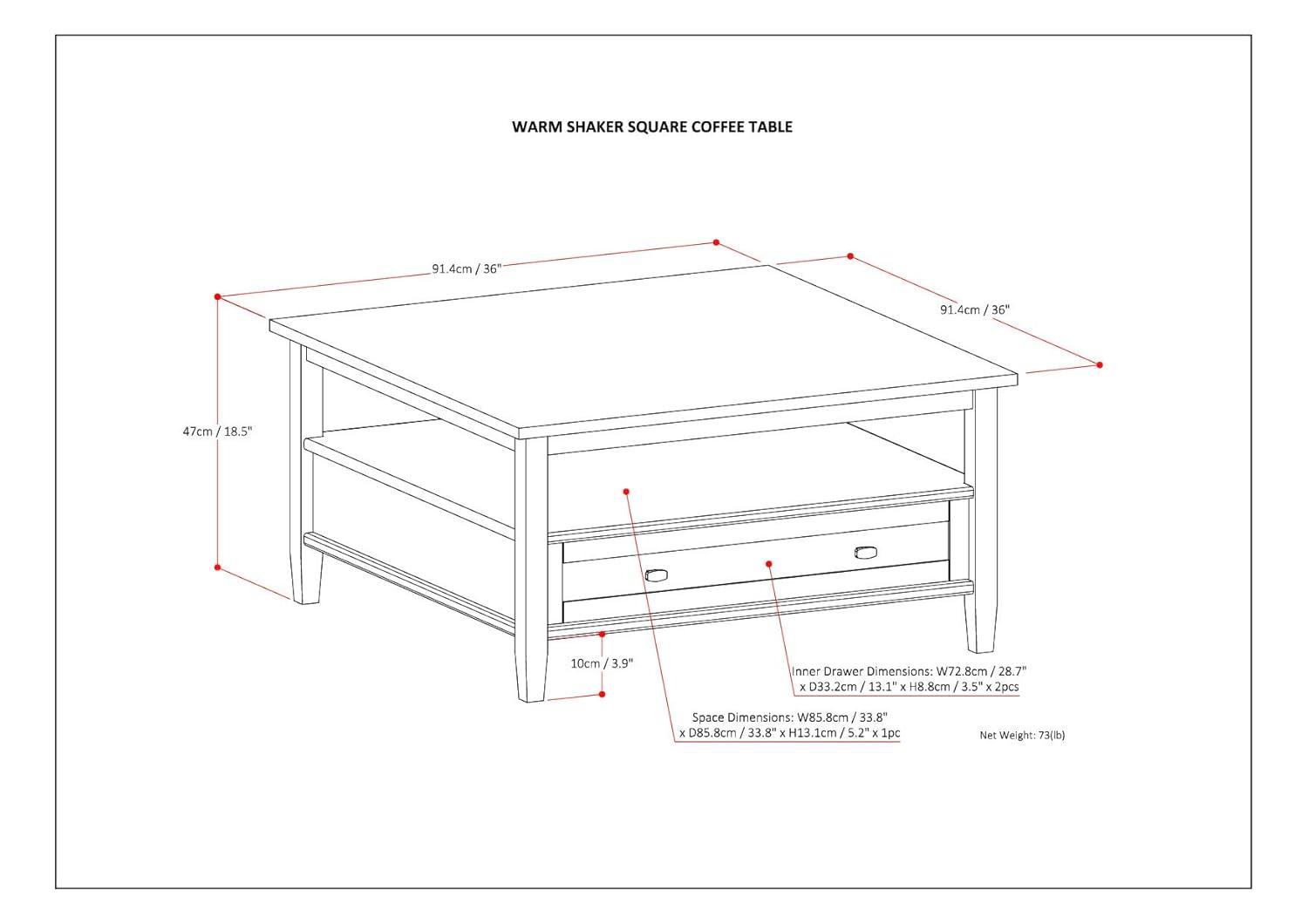 Simpli Home Warm Shaker 36"W Solid Wood Square Coffee Table with Two Drawers and Open Shelf