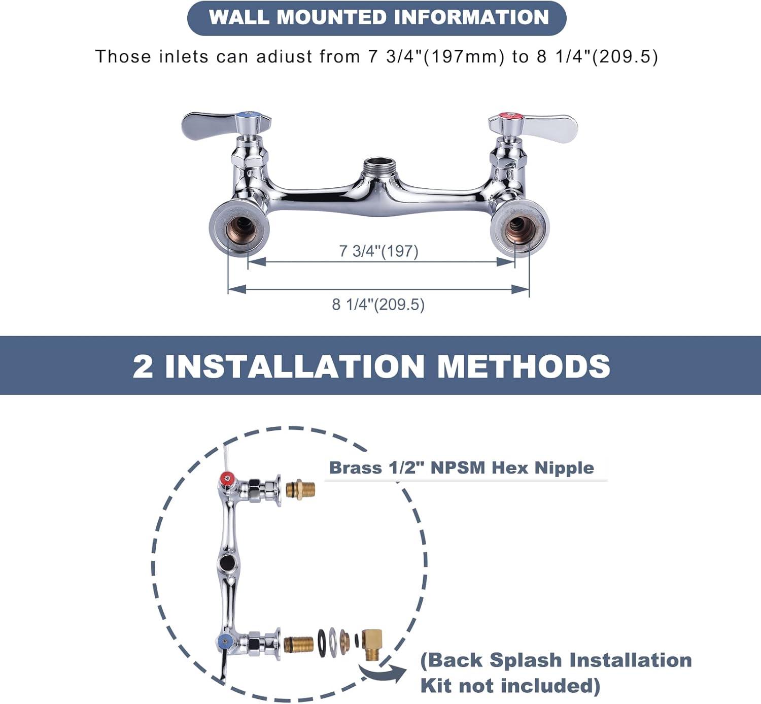 8" Dual Handle Polished Chrome Wall Mount Kitchen Faucet