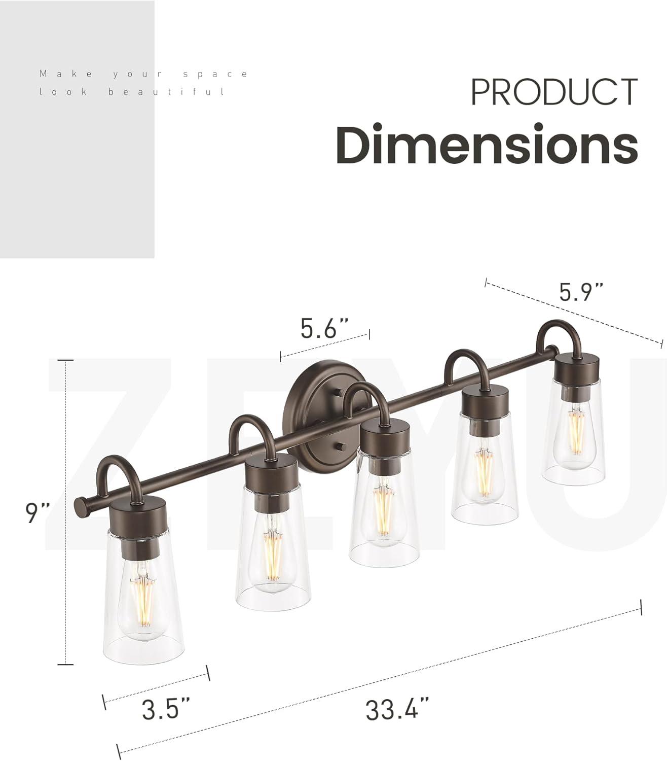 zeyu 33" 5-Light Bathroom Vanity Light, Farmhouse Bathroom Lighting Fixture, Oil Rubbed Bronze Finish with Clear Glass, ZTH108B-5W ORB