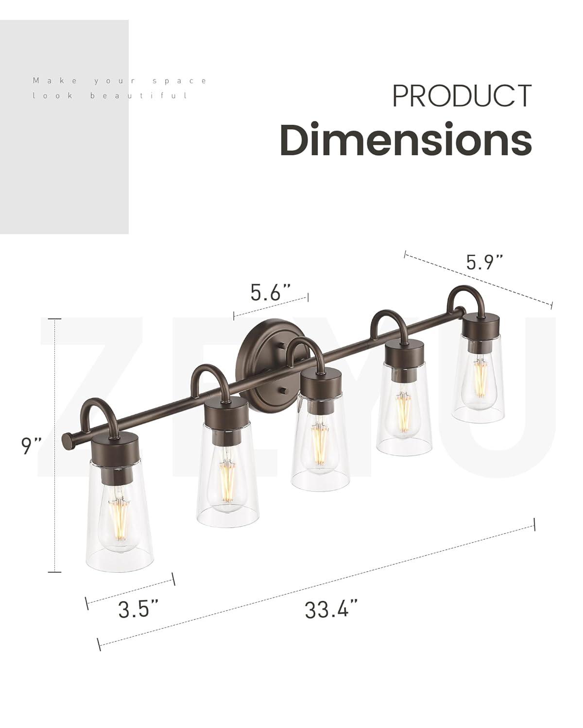 zeyu 33" 5-Light Bathroom Vanity Light, Farmhouse Bathroom Lighting Fixture, Oil Rubbed Bronze Finish with Clear Glass, ZTH108B-5W ORB