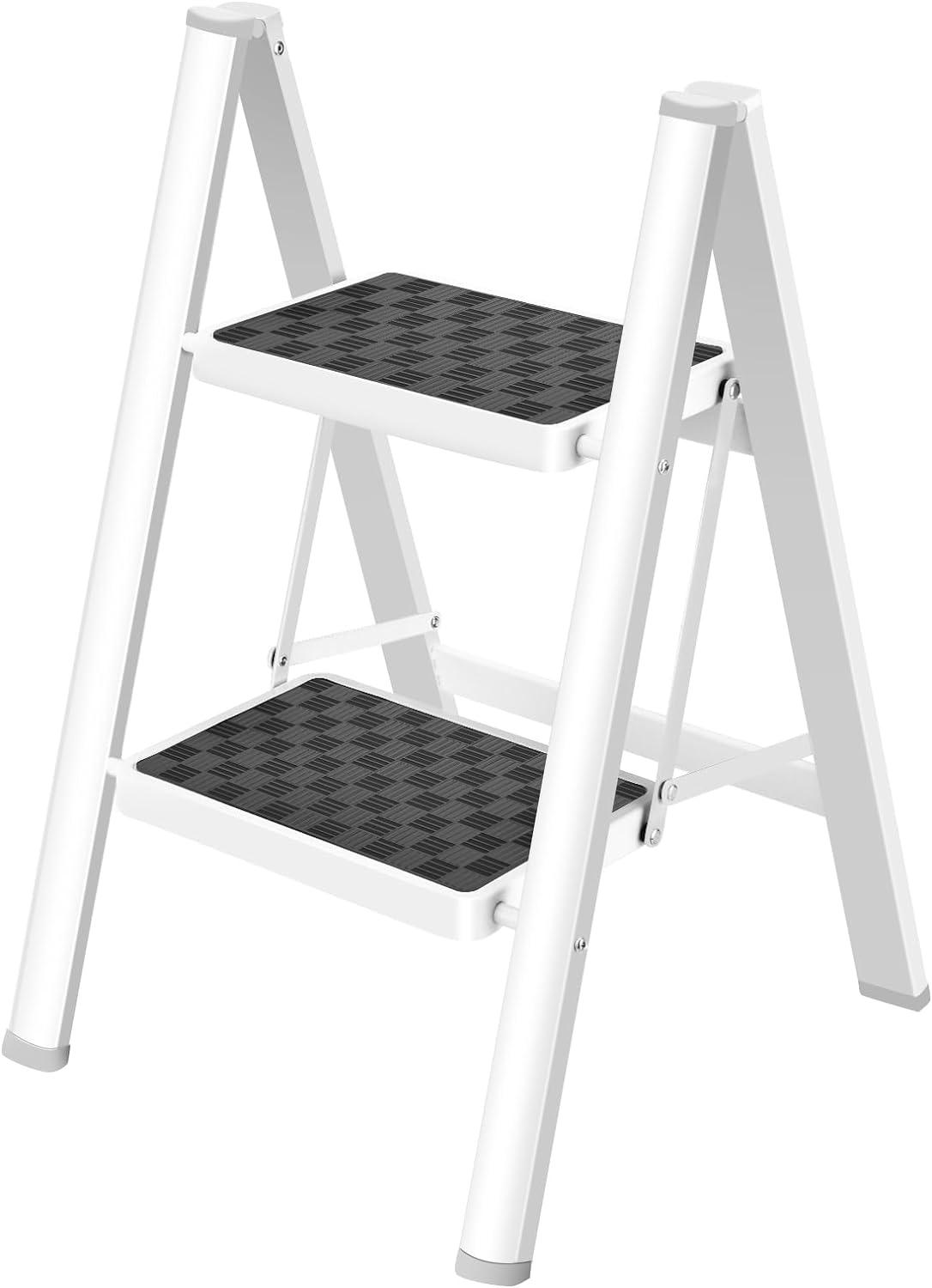 White Foldable 2-Step Steel Ladder with Anti-Slip Pedals