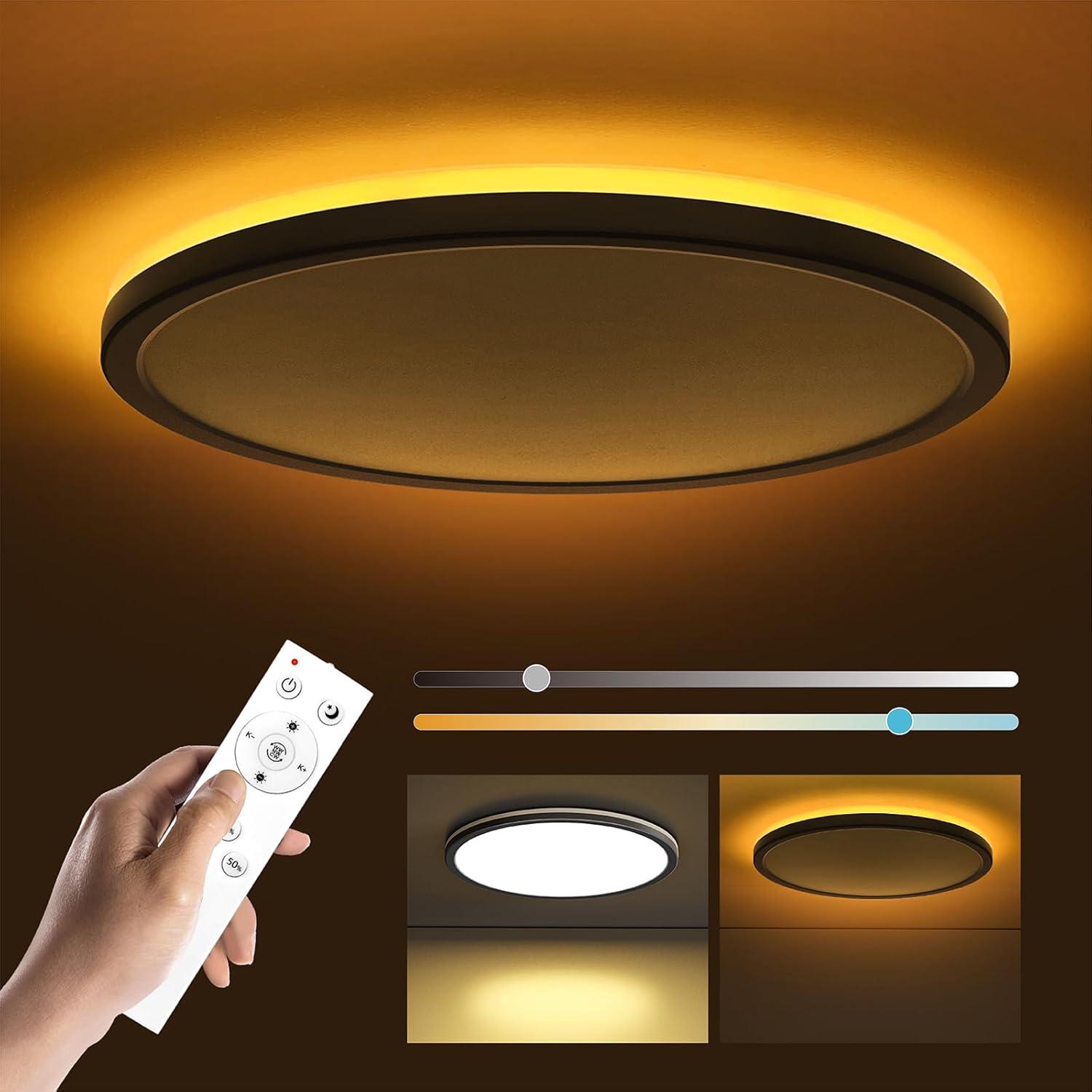 Roomratv Flush Mount Ceiling Light Fixture with Remote Control, Nightlight Warm 3000K, Hardwired 12Inch 28W Round, 3000K-6500K Light Color Changeable, Brightness Adjustable