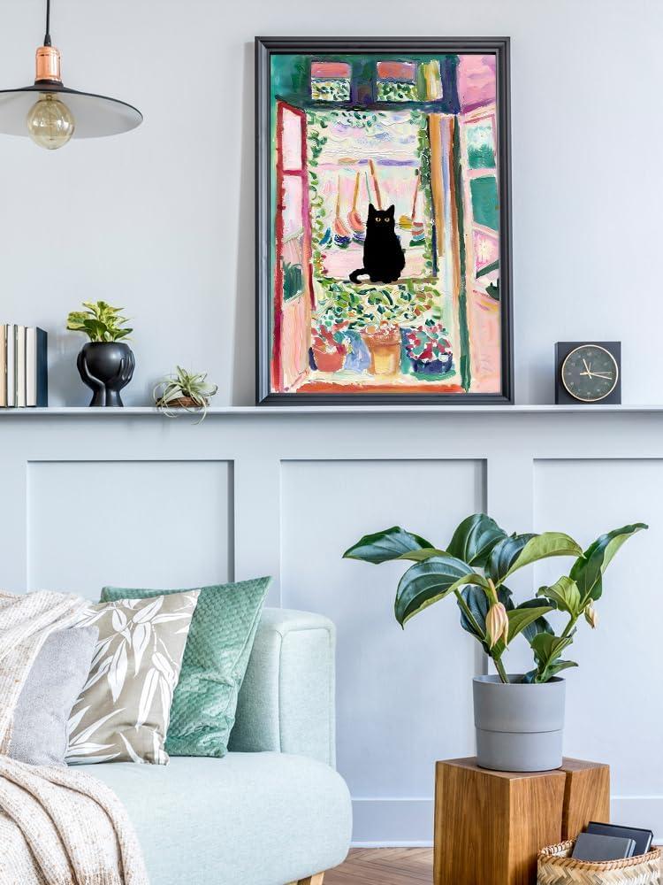 Henri Matisse Oil Paintings on Canvas Wall Art Matisse Famous Open Window Black Cat Poster Funny Cat Floral Print Colorful Farmhouse Gallery Aesthetic Room Decor for Bedroom Bathroom 12x16in Unframed