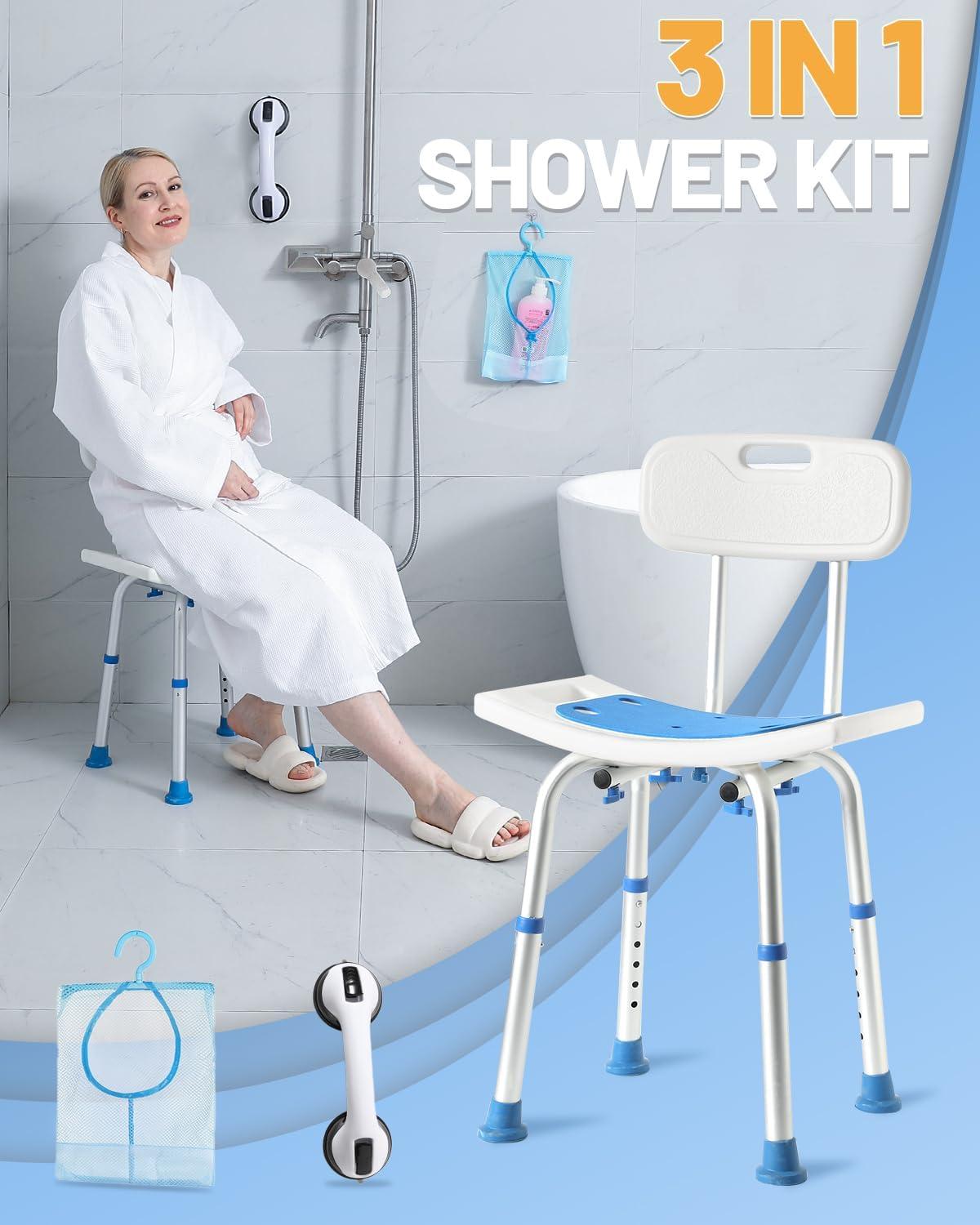 Adjustable White and Blue Aluminum Shower Chair with Backrest