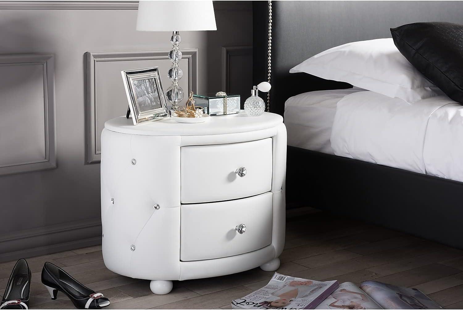 Davina Hollywood Glamour Style Oval 2 - Drawer Faux Leather Upholstered Nightstand - Baxton Studio