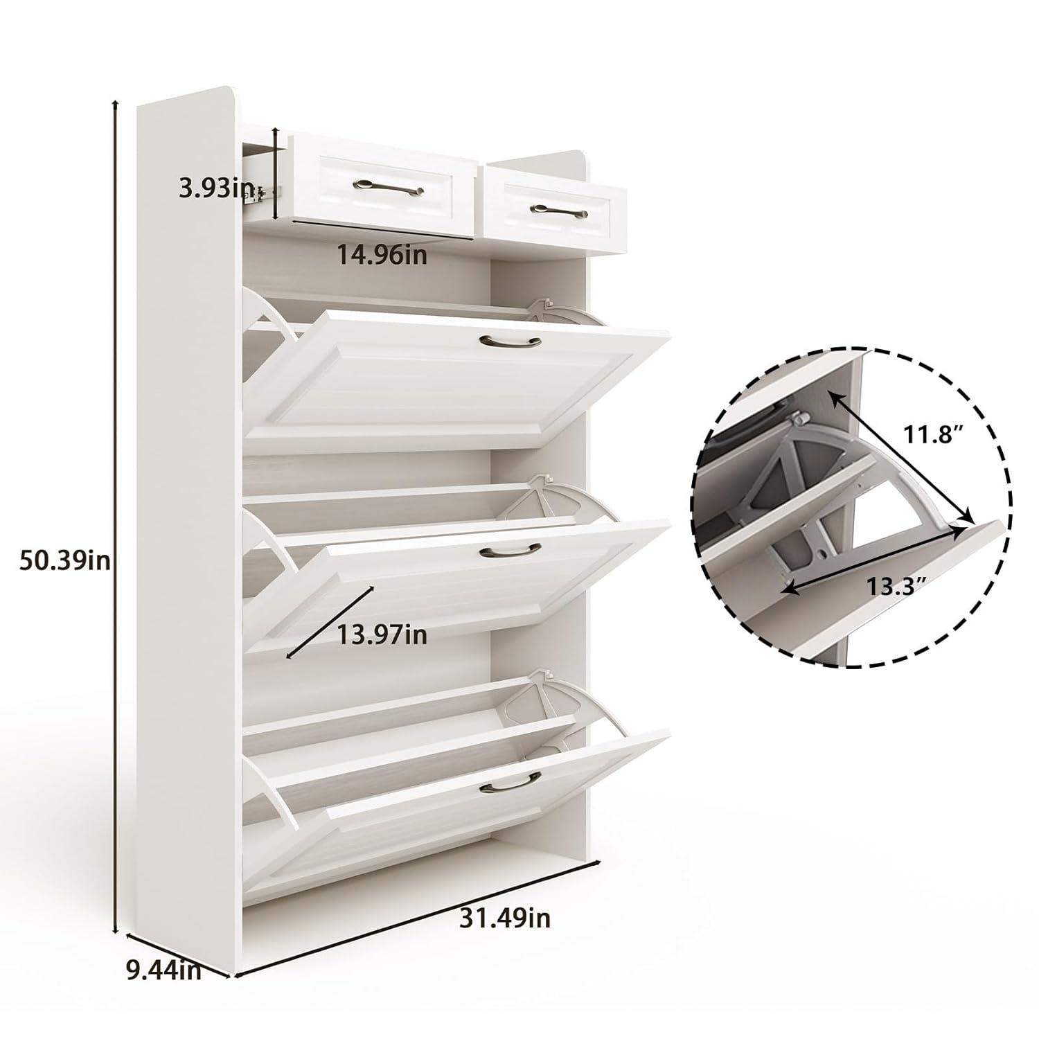 Miniyam Shoe Cabinet, Flip Down Freestanding Shoe Rack with Drawers, Entryway Shoe Storage Organizer, White