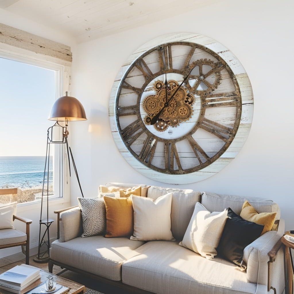 The Gears Clock Wall Clock 36" Round Oversized for Living Room decor with Real Moving Gears America Collection