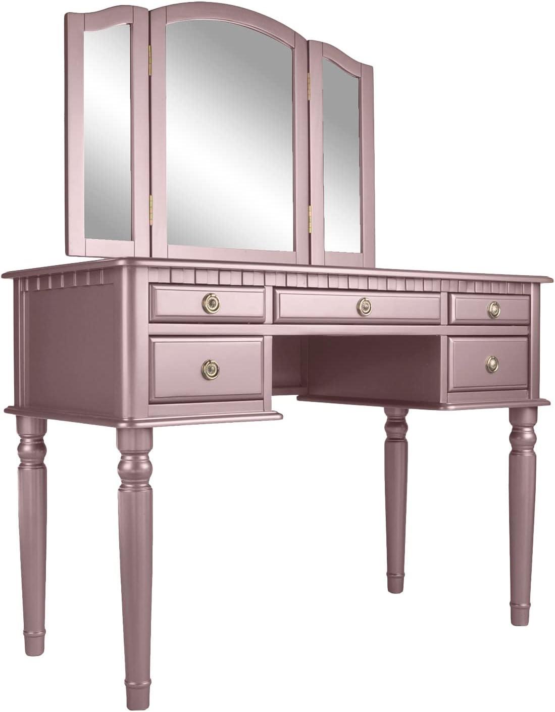 Elegant Rose Gold Vanity Set with Plush Stool and Foldable Mirror