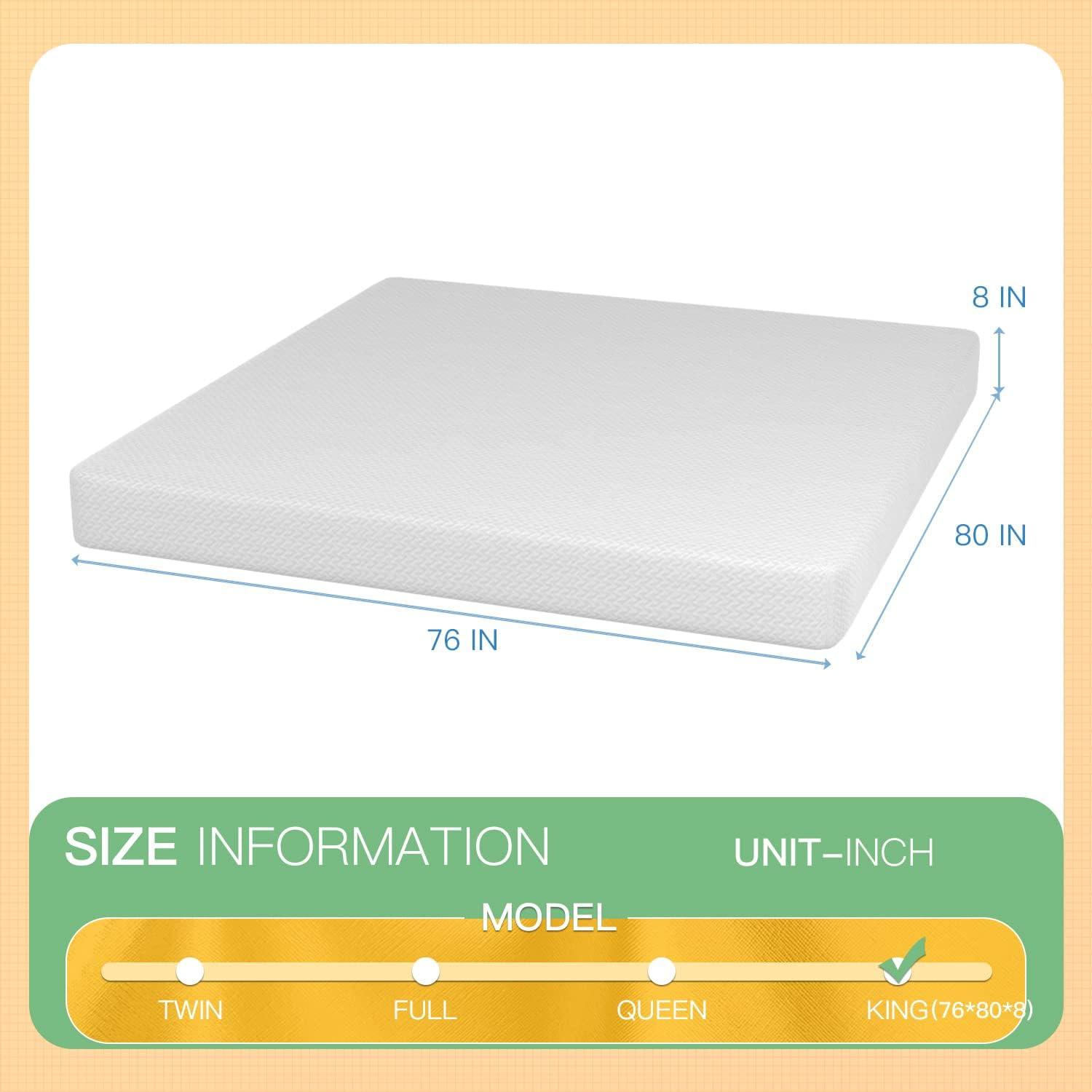 FDW 8 Inch Green Tea Memory Foam Mattress Cooling Gel Infused Mattress,Fiberglass Free/CertiPUR-US Certified/Bed-in-a-Box,White