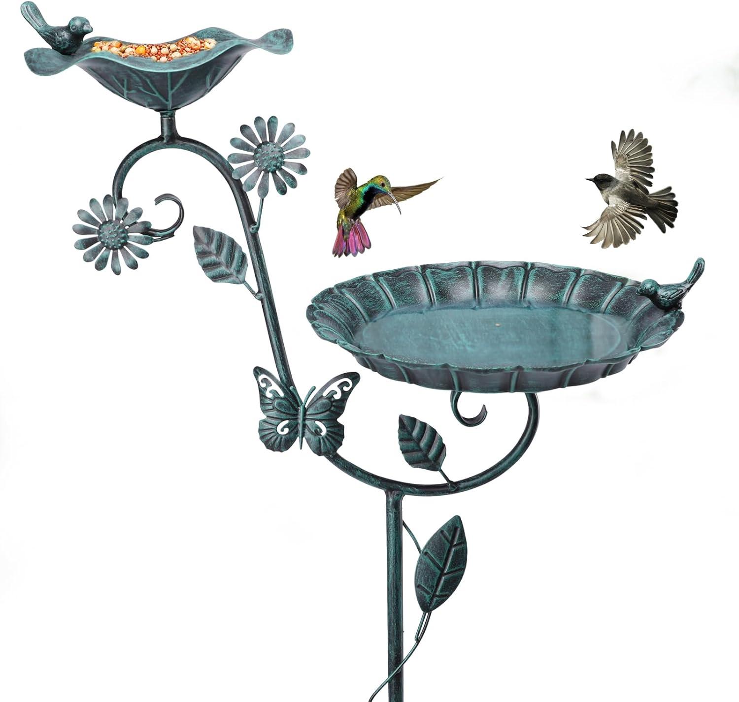 Ophelia & Co. Bird Baths And Feeder For Outdoors, 53 Inch Height Metal Birdbath Antique Garden Bird Feeder With Metal Stake For Garden Outside Yard Lawn Decorations, Green