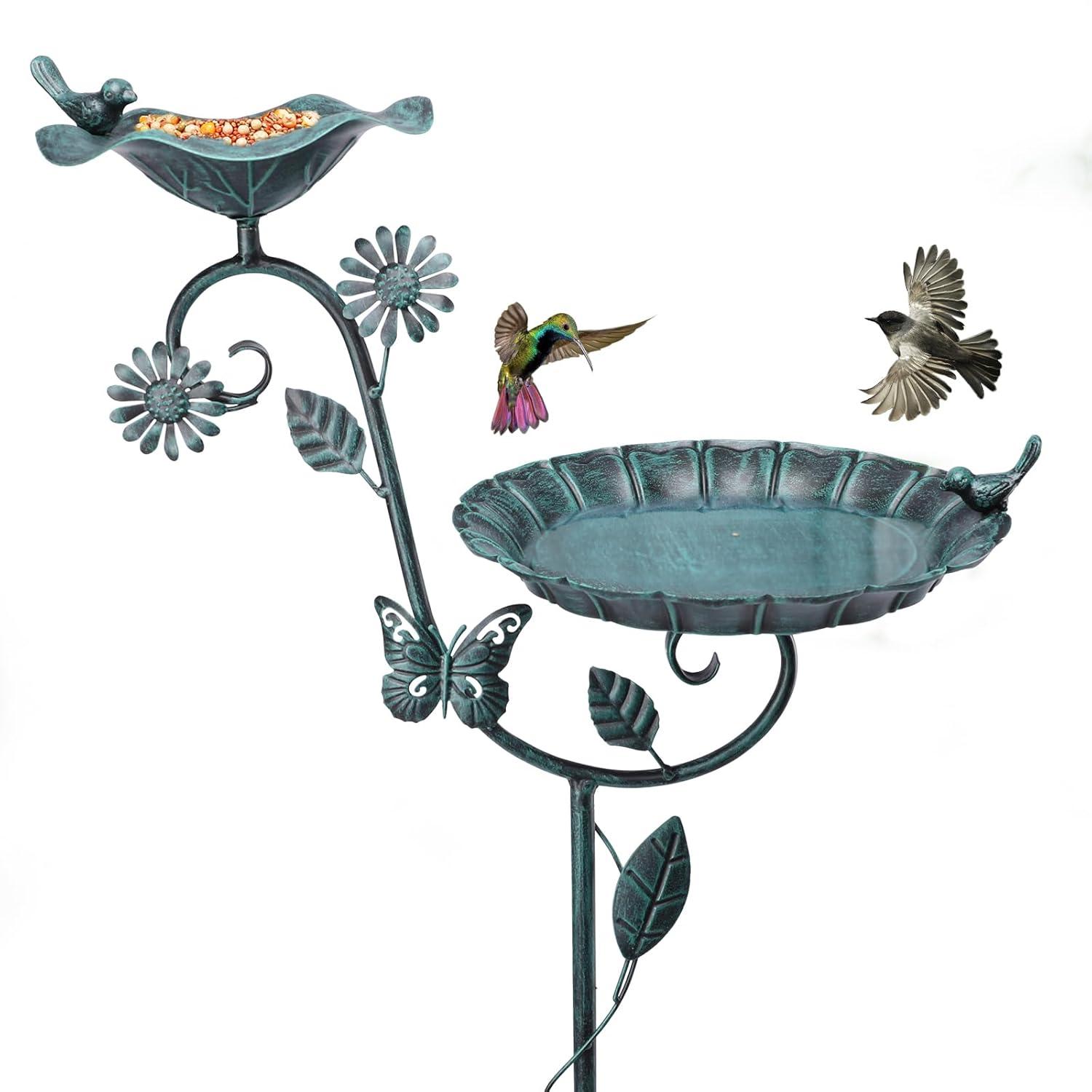 Ophelia & Co. Bird Baths And Feeder For Outdoors, 53 Inch Height Metal Birdbath Antique Garden Bird Feeder With Metal Stake For Garden Outside Yard Lawn Decorations, Green