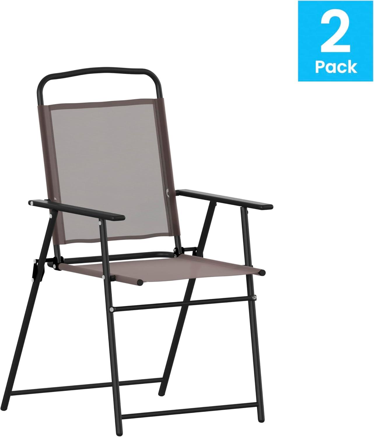 Flash Furniture Set of 2 Mystic Folding Patio Sling Chairs, Outdoor Textilene Lawn Chairs with Armrests in Brown