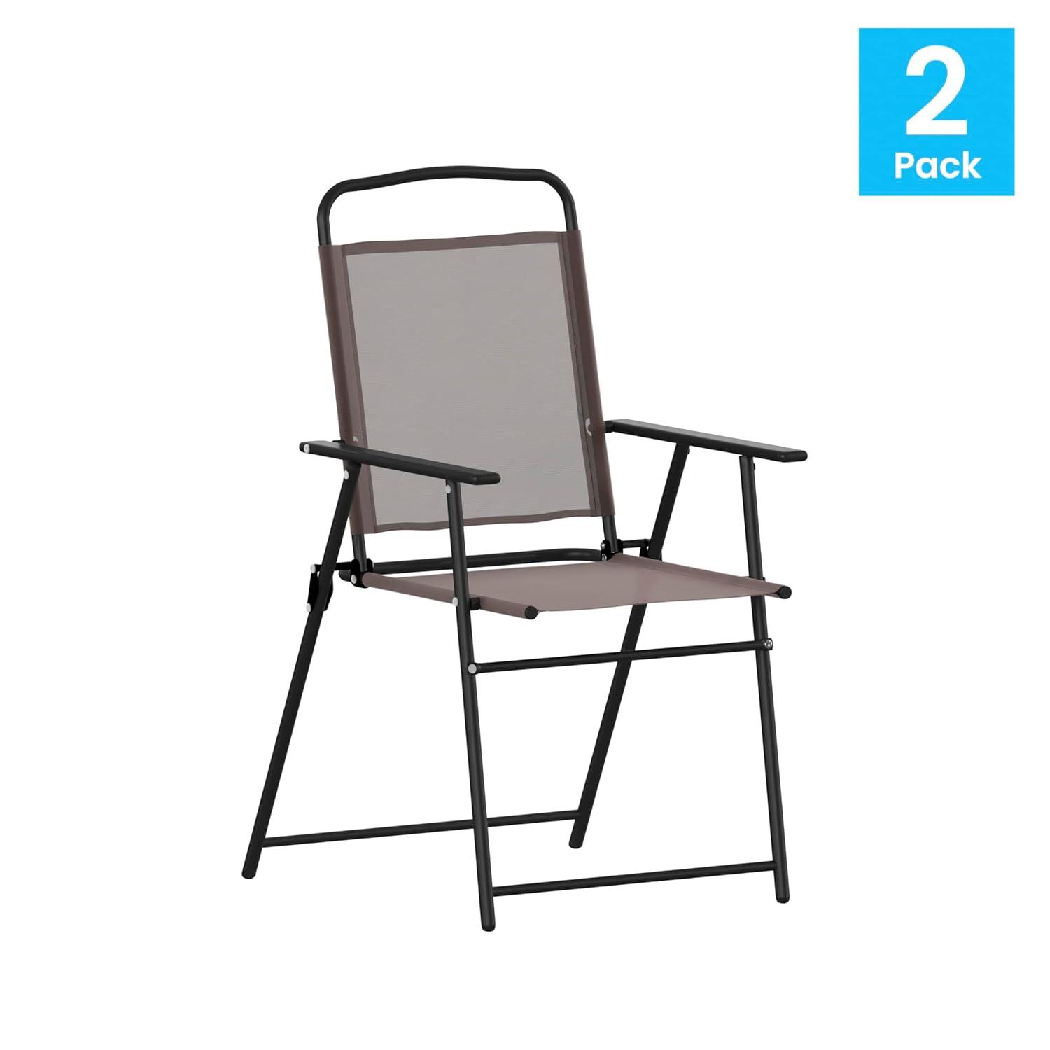 Flash Furniture Set of 2 Mystic Folding Patio Sling Chairs, Outdoor Textilene Lawn Chairs with Armrests in Brown