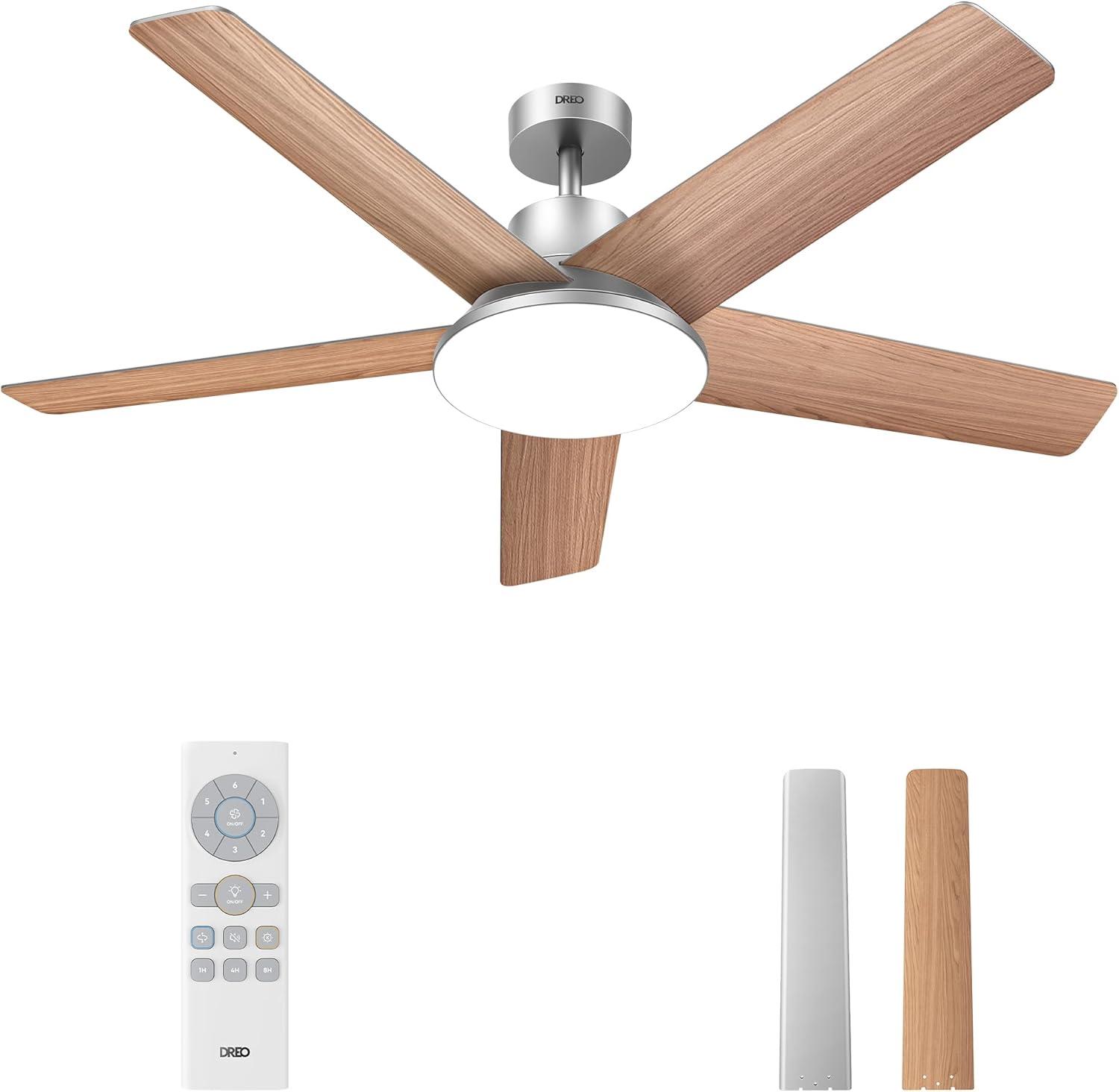 Silver and Wood 52-Inch Ceiling Fan with LED Light and Remote