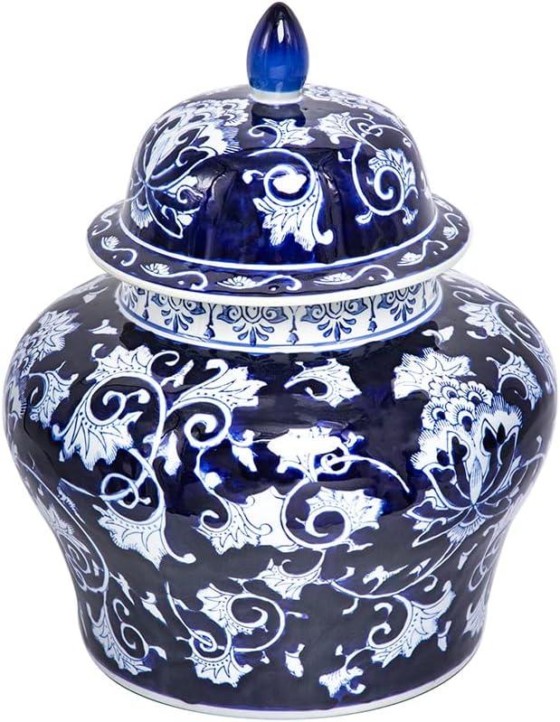 Blue and White Floral Porcelain Ginger Jar with Lid, 17 Inch