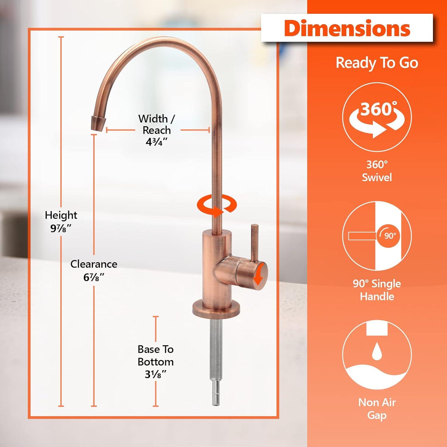 Modern Water Filter Faucet - Brushed Copper Faucet - 100% Lead-Free Drinking Water Faucet - Compatible with Reverse Osmosis Water Filtration Systems