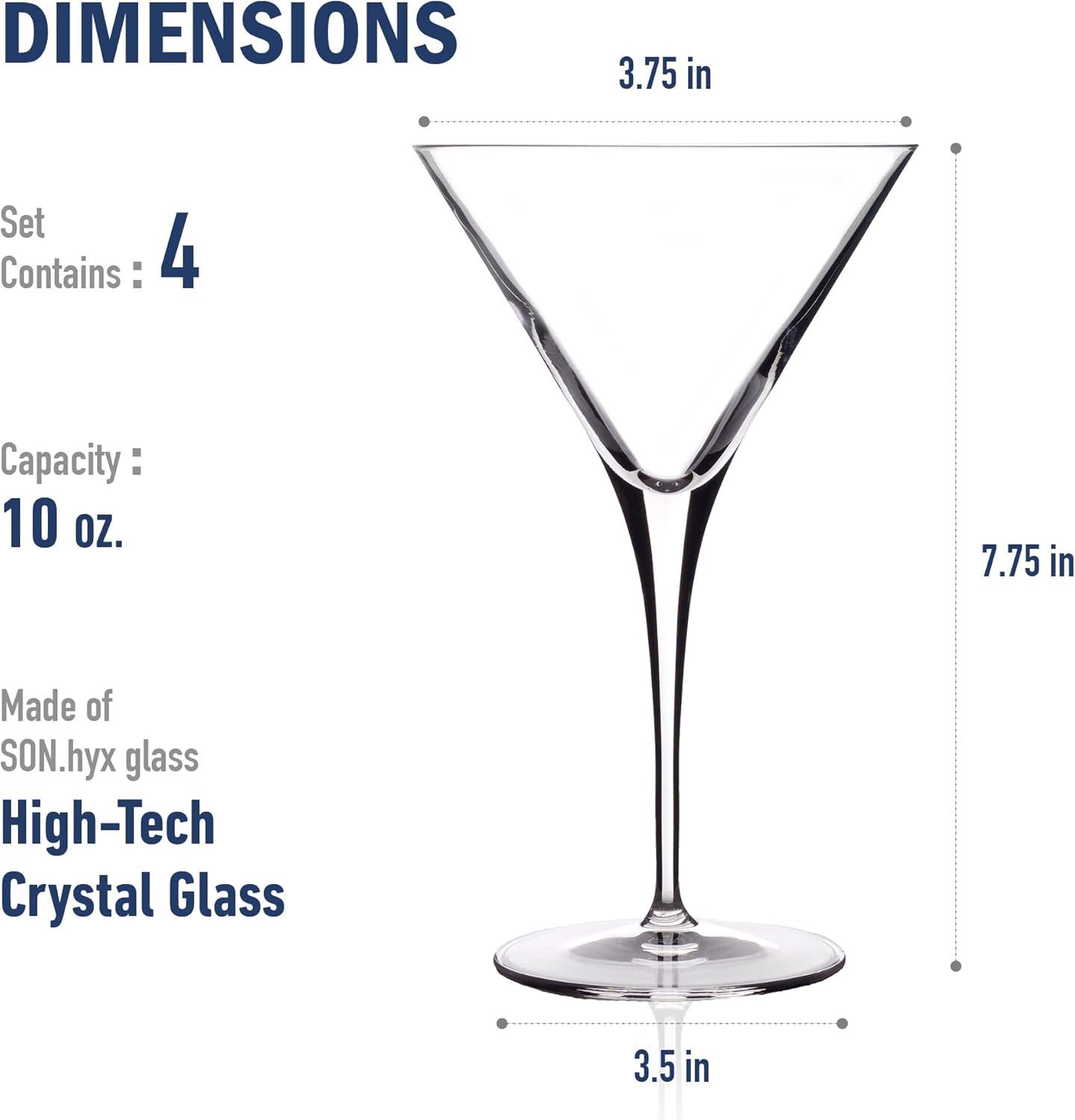 Luigi Bormioli Crescendo Martini Glasses, Set of 4 - 10 oz Lead-Free Crystal Glass with Titanium Reinforced Stems & Laser Cut Rim