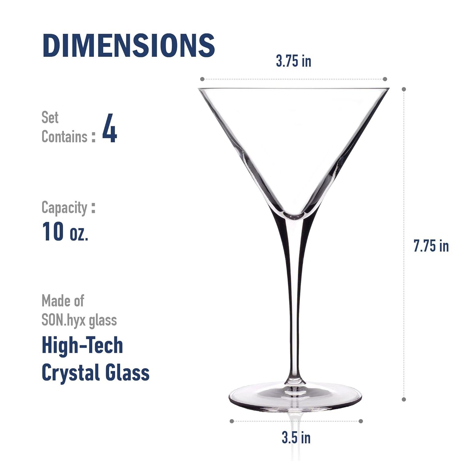Luigi Bormioli Crescendo Martini Glasses, Set of 4 - 10 oz Lead-Free Crystal Glass with Titanium Reinforced Stems & Laser Cut Rim