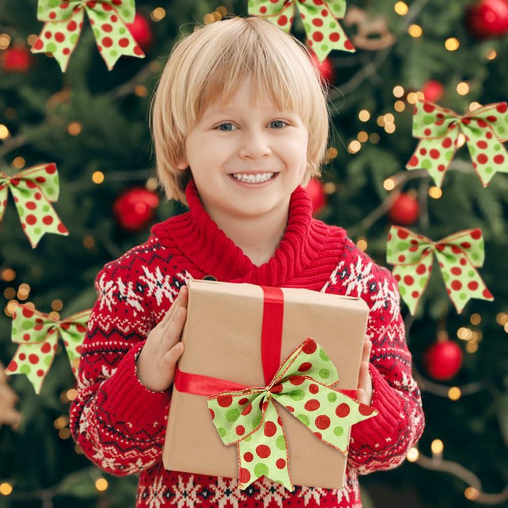 Sandistore Cute Cars 12pcs Christmas Tree Bows Ornaments 6 Inch Large Christmas Wreath Bows Red Green Xmas Tree Bows Christmas Glitter Dot Bows Ribbons Decoration For Garland Diamonds for Crafts