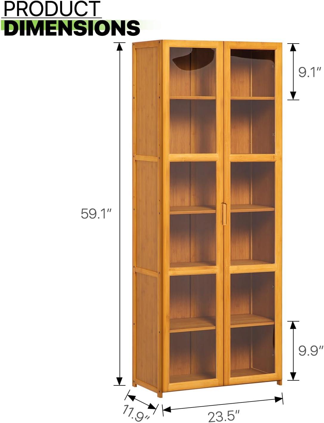 Magshion Bamboo 6 Tiers Bookcase with Acrylic Doors, Storage Display Stand, Brown, for Home