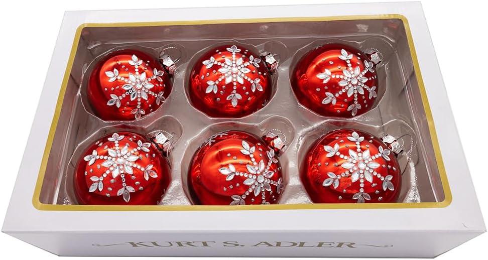 80MM Shiny Red Glass Ornaments with Silver Snowflakes, Set of 6