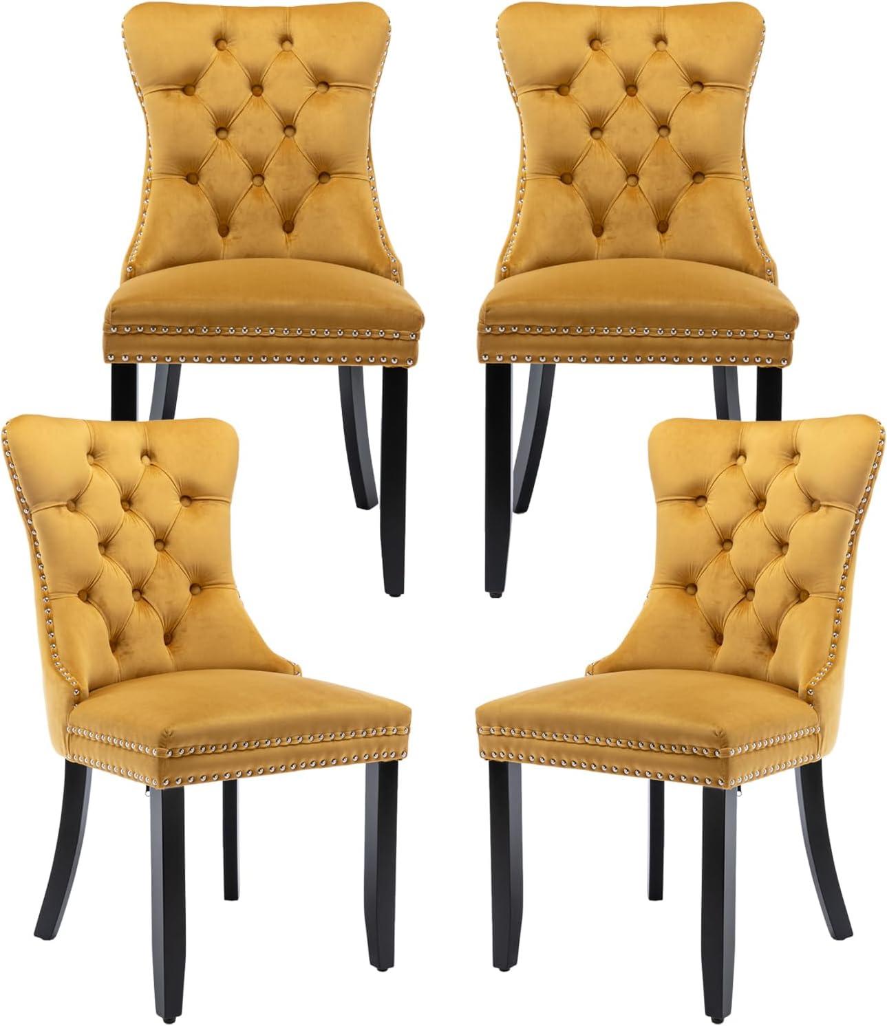 ODUSE-DAILY Yellow Velvet Dining Chairs Set of 4, Kitchen & Dining Room Chairs, Sillas De Comedor, Nailheads Tufted, Fabric Upholstered, Solid Wood (Gold, 4 Pcs)