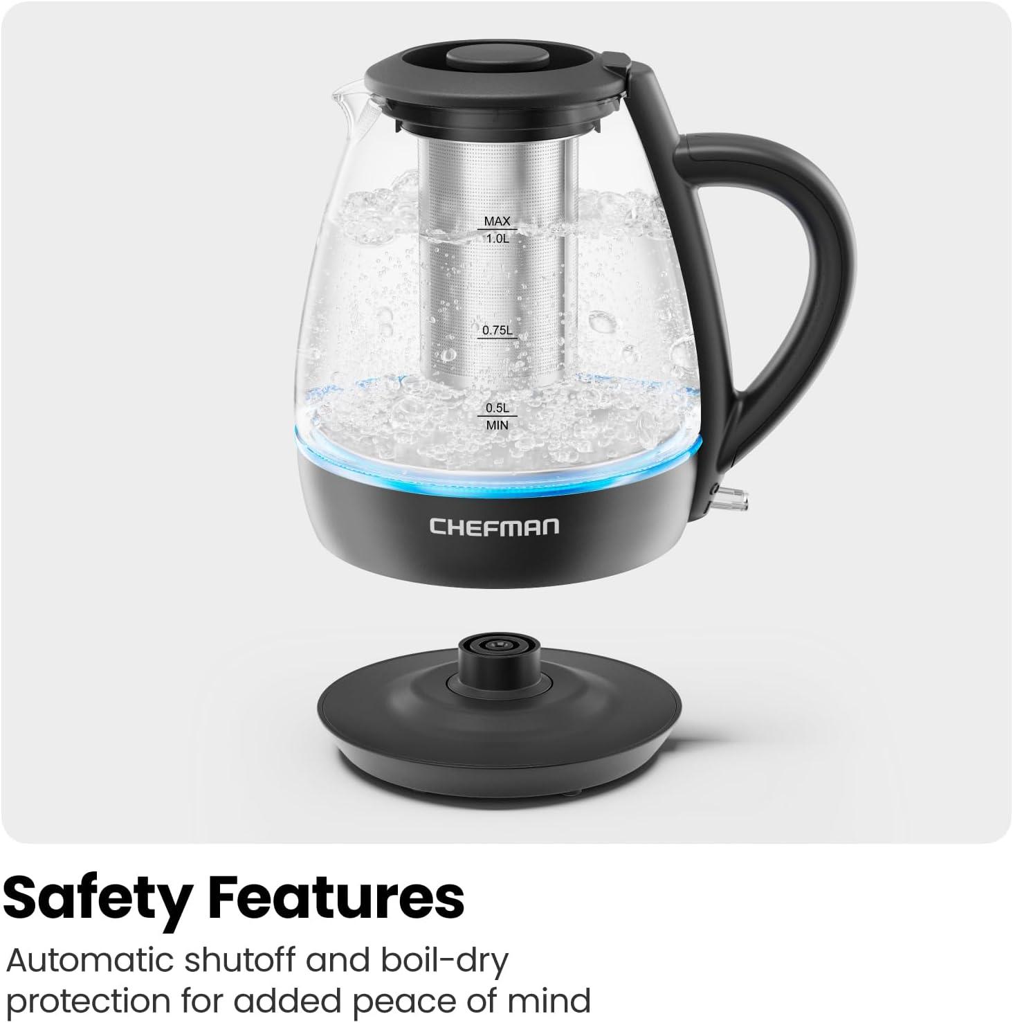 Chefman 1L Electric Glass Kettle w/ Tea Infuser, LED Indicator Light, Automatic Shutoff - Black, New