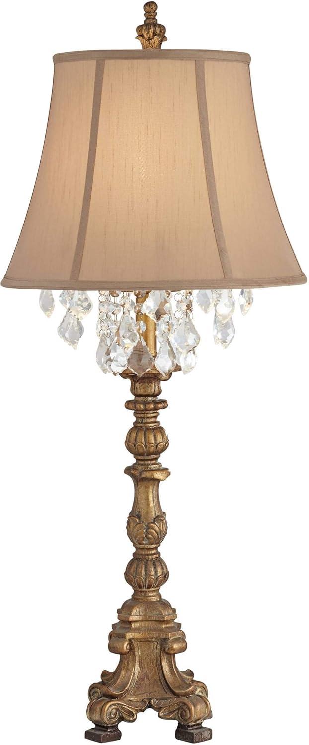 Barnes and Ivy Duval Traditional Table Lamp 33" Tall Aged Gold Candlestick Crystal Fabric Bell Shade for Bedroom Living Room Bedside Office Family