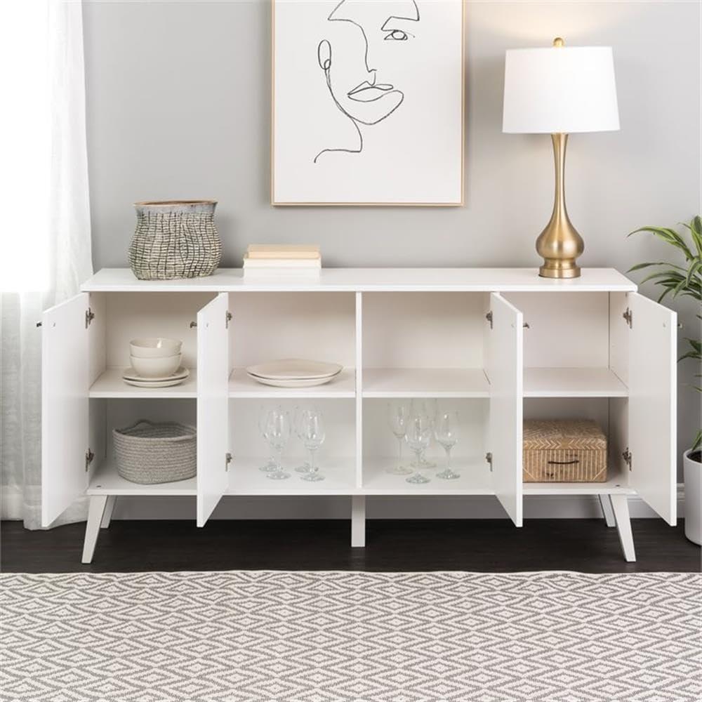 Milo Mid-Century Modern 4 Door Buffet Server White - Prepac: Laminated Storage Cabinet, CARB Certified